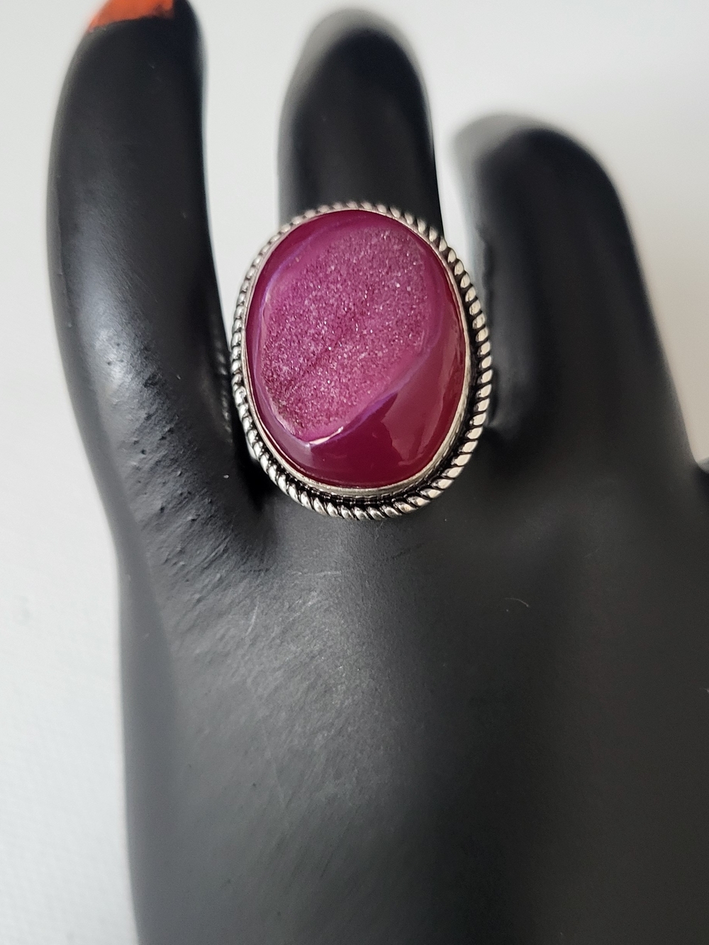 Pink Botswana Natural  Oval Druzy 925 Silver Overlay  Ring